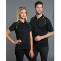 Male and female models wearing black short-sleeve polo shirts with lime green contrast piping along raglan sleeves and collar