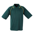 Bottle green men's raglan polo with gold contrast piping on collar and sleeve seams, three-button placket, packshot