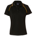 ARLO Ladies CoolDry short sleeve raglan polo shirt in Black with Gold contrast piping. Made from 165 GSM polyester mesh, this moisture-wicking, anti-bacterial garment offers a modern fit for comfort and team uniform use.