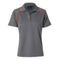 Charcoal grey ladies polo shirt with orange contrast piping along raglan sleeves and button placket