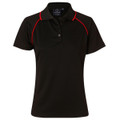 Black ladies polo shirt with red contrast piping along raglan sleeves and collar