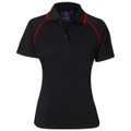 Black ladies raglan polo shirt with red contrast piping along shoulders and collar