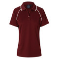 Maroon ladies polo with white contrast piping along raglan sleeves and collar trim