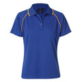 ARLO Ladies CoolDry short sleeve raglan polo shirt in Royal with Gold contrast piping. Made from 165 GSM polyester mesh, this moisture-wicking, anti-bacterial garment offers a modern fit for comfort and team uniform use.