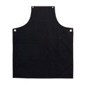 Black cotton canvas bib apron with brass eyelets at neck and sides, single front pocket, flat lay
