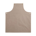 Sand cotton canvas bib apron with brass eyelets, snap buttons, and single front patch pocket — flat lay