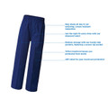 Navy blue boys gaberdine school pants with elastic drawcord waist and side zip pocket, flat lay with feature callouts