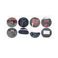 Navy and charcoal satchel bag with red contrast lining and multiple pockets shown in detail views