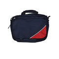 Navy satchel bag with red and white diagonal contrast panel, adjustable shoulder strap and top carry handles
