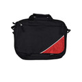 Black shoulder satchel with red diagonal panel and white accent stripe detail