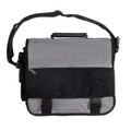 Grey and black conference satchel with adjustable shoulder strap, top carry handle, and front zippered pocket