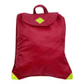 Burgundy nylon backpack with lime green corner accents and diamond logo patch on flap closure