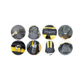 Charcoal grey backpack with yellow contrast straps and padded shoulder panels, multiple compartment views
