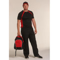 Male model holding black and red contrast sports backpack with side mesh pocket and top carry handle