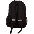 Black backpack rear view showing padded shoulder straps with grey reflective strips and mesh side pocket
