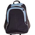 Navy backpack with sky blue contrast trim, curved panel design, and mesh side pockets