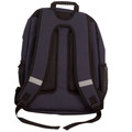 Navy backpack rear view showing padded mesh straps, grey reflective strips, and black adjustable straps