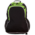Black backpack with lime green contrast trim and dual front zippered compartments with mesh side pockets