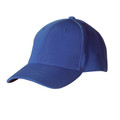 Royal blue structured baseball cap with six panels and curved brim, pique mesh fabric with embroidery-ready front panels