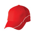 Red ripstop cap with white contrast piping detail along curved panels and peak