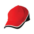 Red brushed cotton cap with black and white contrast trim along the peak edge