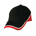 Black brushed cotton cap with red and white contrast piping on peak and side panels