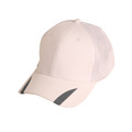 Pale pink trucker cap with mesh back panels and charcoal grey contrast trim on peak