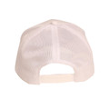 White trucker cap rear view showing full mesh back panels and snapback closure