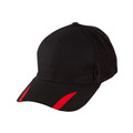 Black trucker cap with mesh back panels and red contrast trim on peak edges