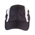 Charcoal grey polyester cap with white side panels and curved brim, front view showing foldable construction
