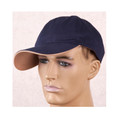 Navy blue six-panel cotton cap with contrast tan underpeak brim, worn on mannequin, smooth front panel