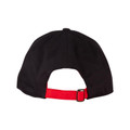 Black cap rear view with red contrast underpeak and adjustable strap with tri-glide buckle