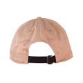 Back view of a dusty pink six-panel cap with black contrast strap and metal buckle closure