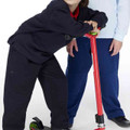 Two children playing with a scooter wearing navy and royal blue fleece track pants with reinforced knees