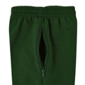 Forest green track pants with elasticated waistband, reinforced knee panels and front zip pocket