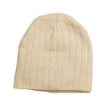 Natural beige cable knit beanie with ribbed texture and soft fleece inner band