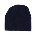 Navy cable knit beanie with ribbed texture and fleece inner band