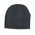 Charcoal grey cable knit beanie with ribbed texture and fleece lining band