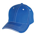 Royal blue cotton twill cap with white contrast stitching and eyelets