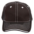 Black cotton twill cap with white contrast stitching and white eyelets