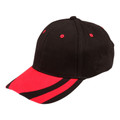Black cotton cap with red peak, contrast eyelets and diagonal stripe detailing on brim