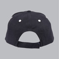 Back view of black cotton cap with white contrast eyelets and adjustable strap closure