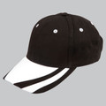Black cotton cap with white contrast peak, white eyelets and dual black straps