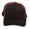 Black structured cap with red and white piping detail on crown and white trim on peak