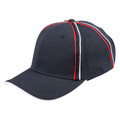 Navy structured six-panel cap with red and white contrast piping along seams and sandwich brim
