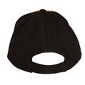 Rear view of black and orange two-tone cotton twill baseball cap with velcro closure