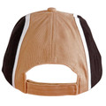 Rear view of tan, dark brown and white tri-colour cotton baseball cap with hook-and-loop back strap