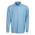 Sky blue long sleeve polo shirt with flat collar and button placket on white background