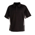 Black polo shirt with grey side panels and white piping detail, featuring collar and button placket