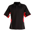 Black polo shirt with red and white contrast panels on sides and sleeves featuring button placket